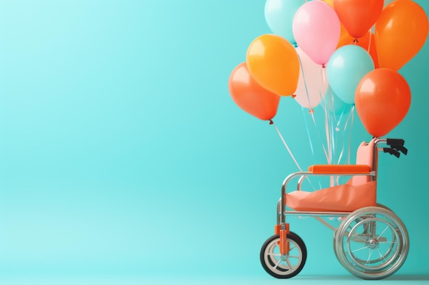 wózek inwalidzki symbolizujący odporność i siłę stoi na festiwalnym tle upamiętniającym Międzynarodowy Dzień Osób Niepełnosprawnych