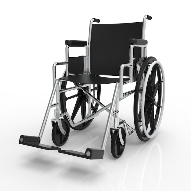 Wózek inwalidzki z odbiciem na białym tle