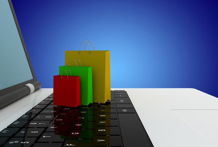 Zdjęcie wózek na laptopa i torba na zakupy. ilustracja 3d