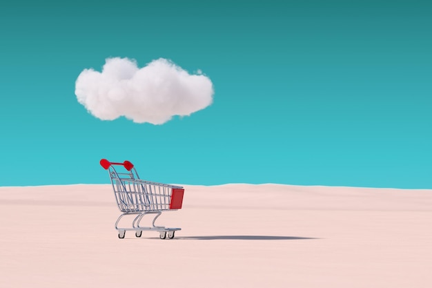 Wózek na zakupy wózek pod chmurą w pustynnym renderowaniu 3d