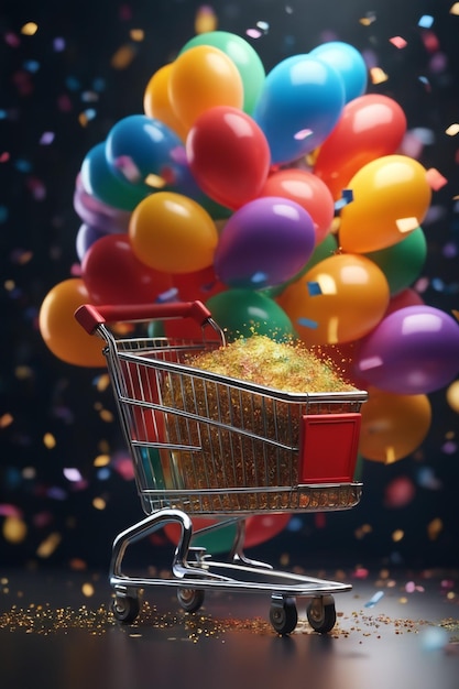 Wózek na zakupy z balonami i konfetti w ciemnym tle