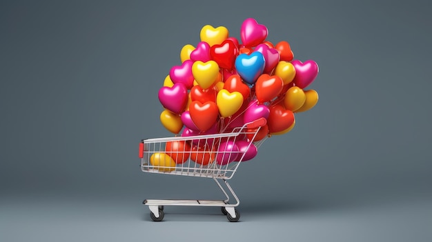 Wózek na zakupy z balonami w kształcie serc w środku