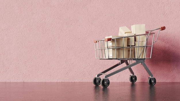 Wózek na zakupy z renderowaniem 3d w różowym tle