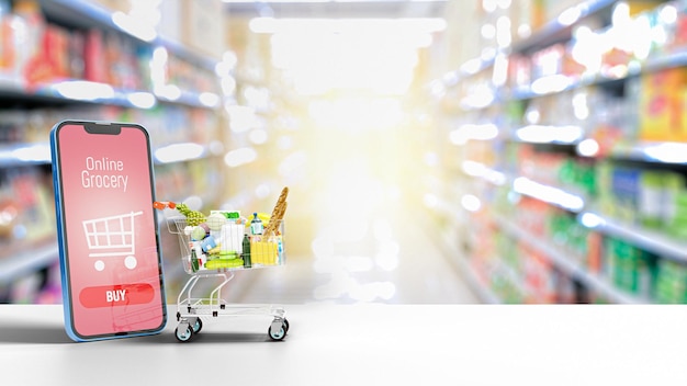 Wózek na zakupy ze świeżą żywnością Jedzenie w supermarkecie spożywczym i zjada koncepcję zakupu i dostawy online ilustracja 3D