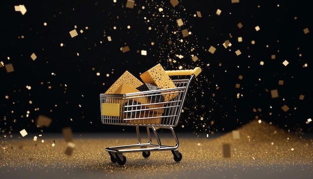 Wózek na zakupy ze złotymi pudełkami