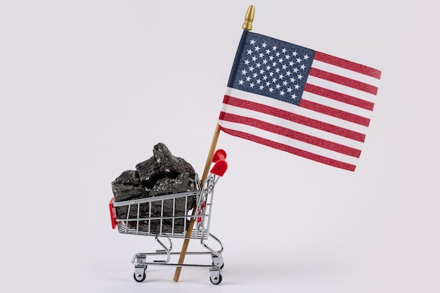 Wózek spożywczy załadowany węglem kopalnym sprzedającym paliwo pod amerykańską flagą