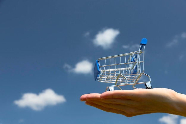 Wózek supermarketu na ramieniu mężczyzny na tle nieba Zakupy online
