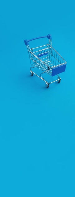 Wózek w supermarkecie na niebieskim tle panoramy