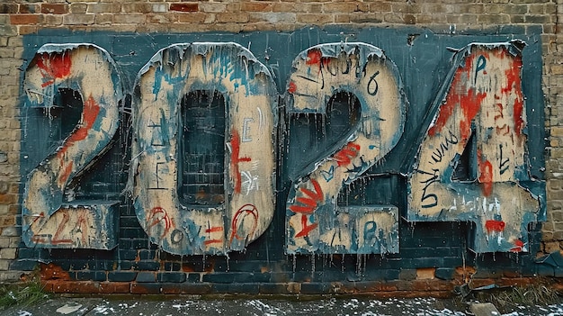Wpis 2024 na starej murze z cegły pomalowanej graffiti