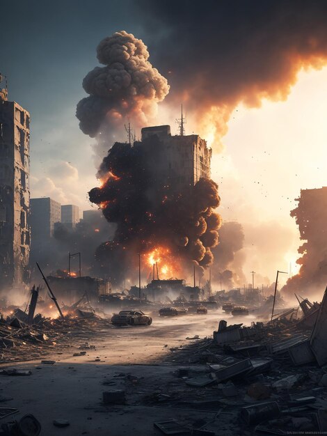 Wpływ wojny zniszczył miasta i eksplozje na całym świecie