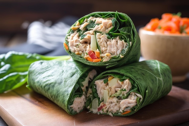 Wrap z sałatką z tuńczyka wypełniony zielenią i innymi warzywami na zdrowy lunch stworzony z generatywnego AI