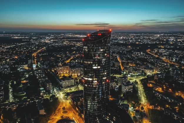 Wrocław nocą, panorama miasta z wysokości, Polska