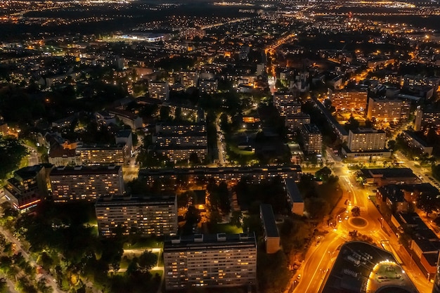 Wrocław nocą, panorama miasta z wysokości, Polska