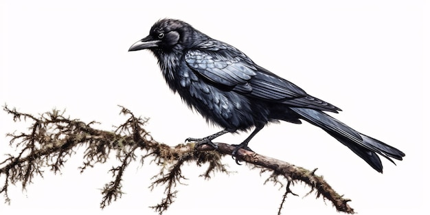 Wrona siedząca na gałęzi drzewa izolowana na białym tle Raven Generative AI