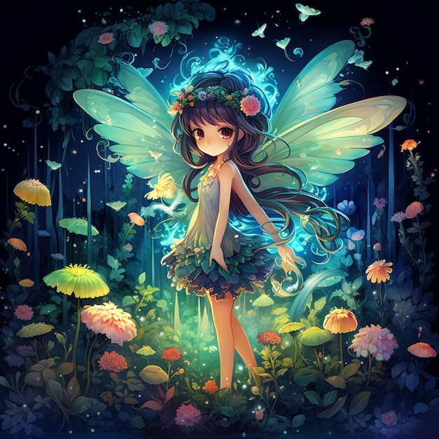 wróżka anime ze skrzydłami motyla i kwiatami w leśnej sztucznej inteligencji