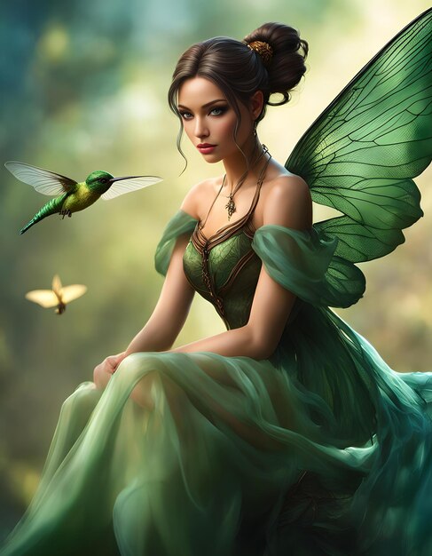Zdjęcie wróżka siedzi na zielonym tle z motylem latającym nad nią