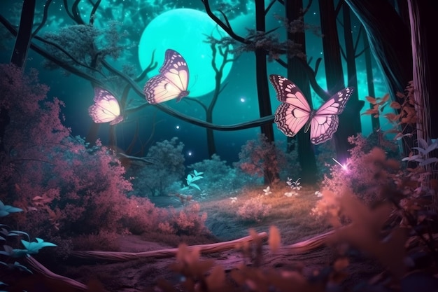 Wróżkowy las pod pełnią księżyca z 3d motylami latającymi wokół niego w stylu świetlnej palety kolorów Generative AI