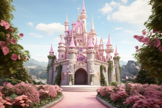 Zdjęcie wróżkowy zamek różowej księżniczki generate ai