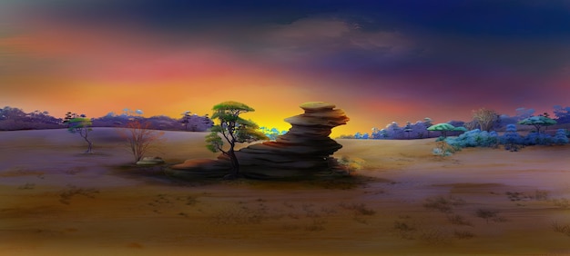 Wschód słońca na ilustracji afrykańskiej sawanny