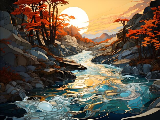 Wschód słońca na lesie z rzeką i górami tło ilustracją