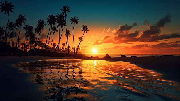 Wschód słońca na plaży z sylwetką palm Generative ai