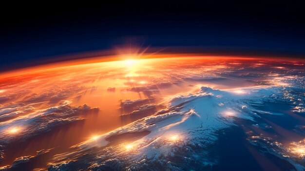 Wschód słońca nad krzywizną ziemi widziany z kosmosu, w tym światła polarne Generacyjna sztuczna inteligencja