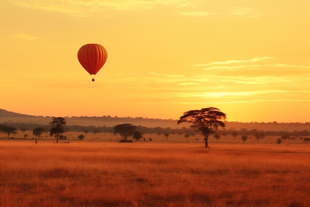 Wschód słońca nad Masai Mara z parą nisko latających balonów na gorące powietrze i stadem gnu