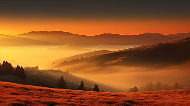 Wschód słońca nad mglistymi górami ze złotymi promieniami słońca i drzewami