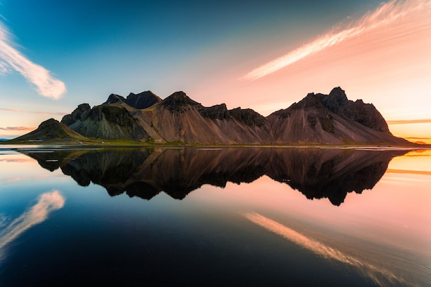 Wschód słońca nad pasmem górskim Vestrahorn i odbicie wody w wiosce wikingów latem na półwyspie Stokksnes Islandia