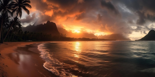 Wschód słońca nad plażą Tunnels na Kauai na Hawajach