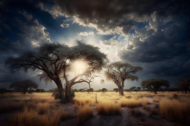 Wschód słońca nad polami sawanny i trawy w Afryce Południowej przy pochmurnym niebie Sieć neuronowa AI generowana