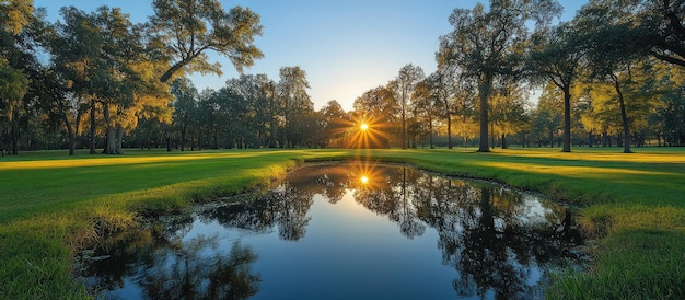 Wschód słońca nad spokojnym stawem na polu golfowym