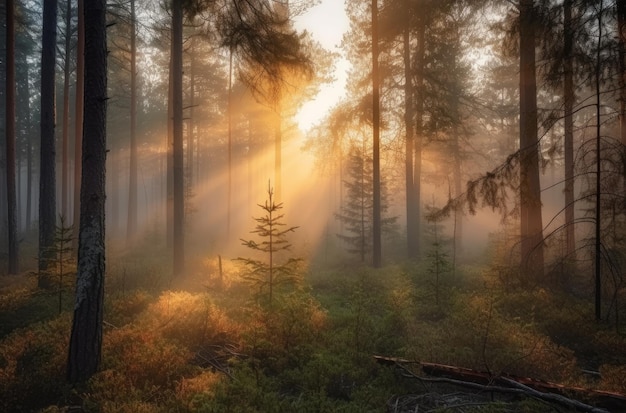 Wschód Słońca W Fińskim Lesie