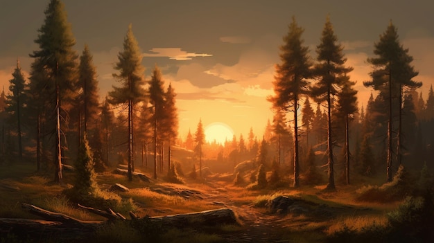 Wschód słońca w generatywnym lesie ai