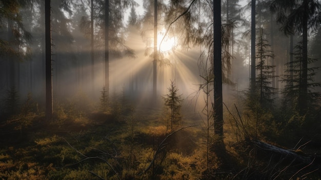 Wschód Słońca W Lesie W Finlandii