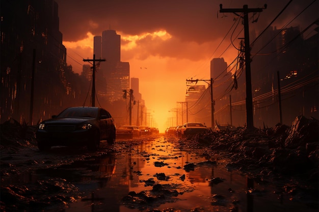 Wschód słońca walczy ze smogiem na ulicach miasta