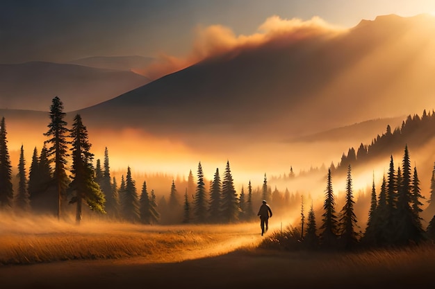 wschód słońca z człowiekiem spacerującym w górach