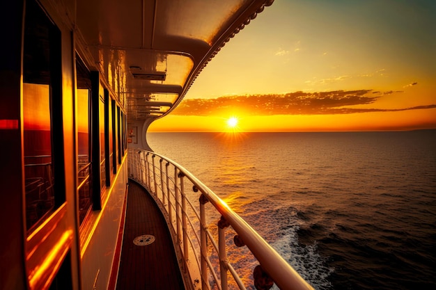 Wschodni widok z pokładu statku na piękne zachodzące słońce na morzu