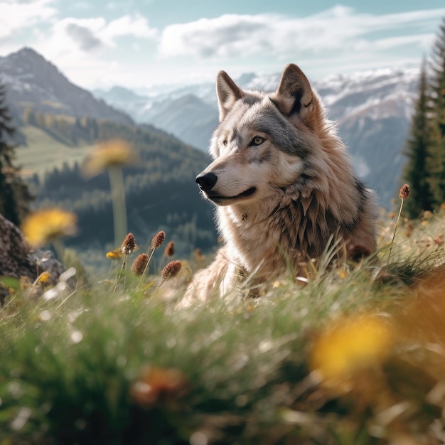 Wschodni wilk leśny wyjący na trawie w Alpach Generacyjna sztuczna inteligencja