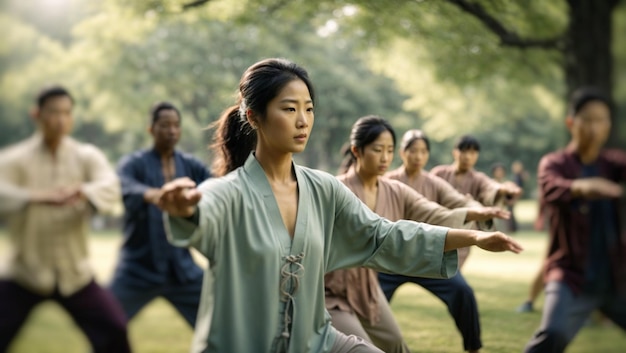 Wschodnia Kobieta ćwicząca Tai Chi W Parku.