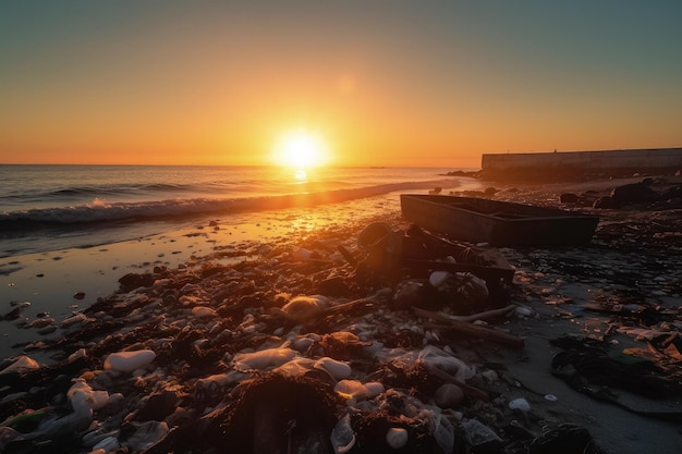 Wschodzące słońce nad morzem odpadów Obraz kryzysu ekologicznego
