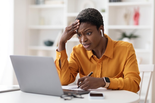 Wściekła biznesowa dama robi raport siedząc przed laptopem