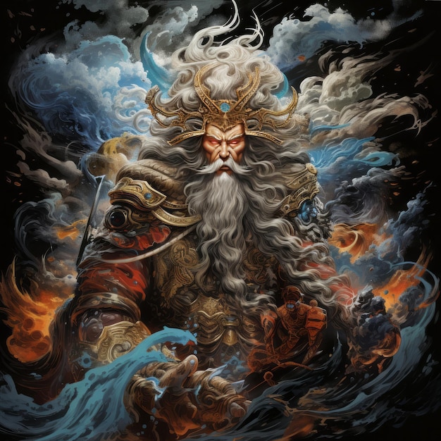 Wściekła burza Potężny Bóg Gromu uwolnił japoński plakat artystyczny na PitchBlack Canvas