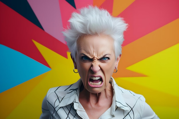 Zdjęcie wściekła, starsza, biała, siwowłosa kobieta krzycząca głową i ramionami, portret na kolorowym tle