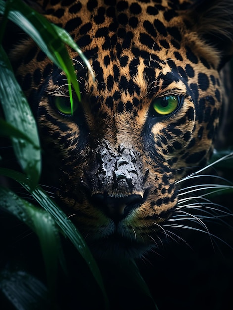 Wściekła twarz jaguara wyłaniająca się z gęstej dżungli Bogaty zielony hiper realistyczna ilustracja Photo Art