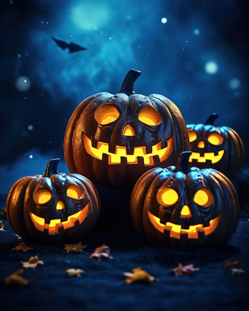 Zdjęcie wściekłe dyni halloween z ogniem w środku na przerażającym tle