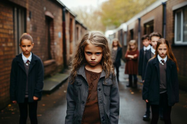 Wściekłe dzieci gromadzą się na wąskiej ulicy, ich twarze zniekształcone przez negatywne emocje.