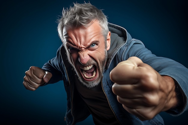 Zdjęcie wściekły, agresywny facet robiący miny i trzęsący pięścią grożący