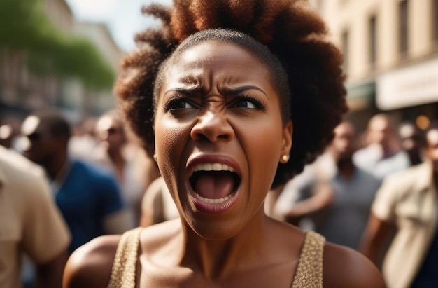 Wściekły czarny protestujący krzycząc na ulicy kobieta aktywistka protestująca przeciwko naruszeniu praw