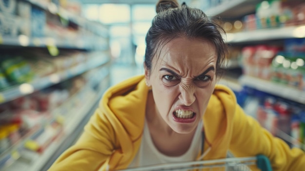 Zdjęcie wściekły kupujący z zmarszczonym czołem popychający wózek na zakupy w korytarzu supermarketu